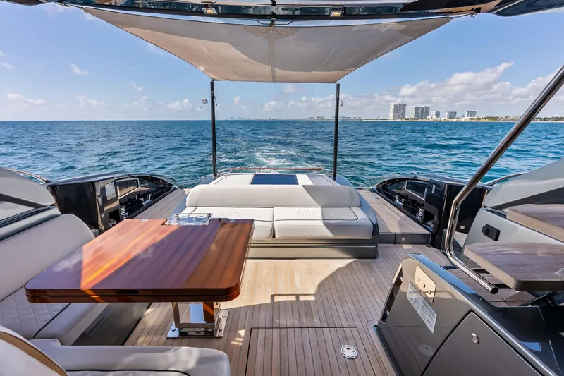Slide: The Image of Luxurious 2021 Riva 66' Ribelle yacht deck with elegant seating and ocean view. - 6