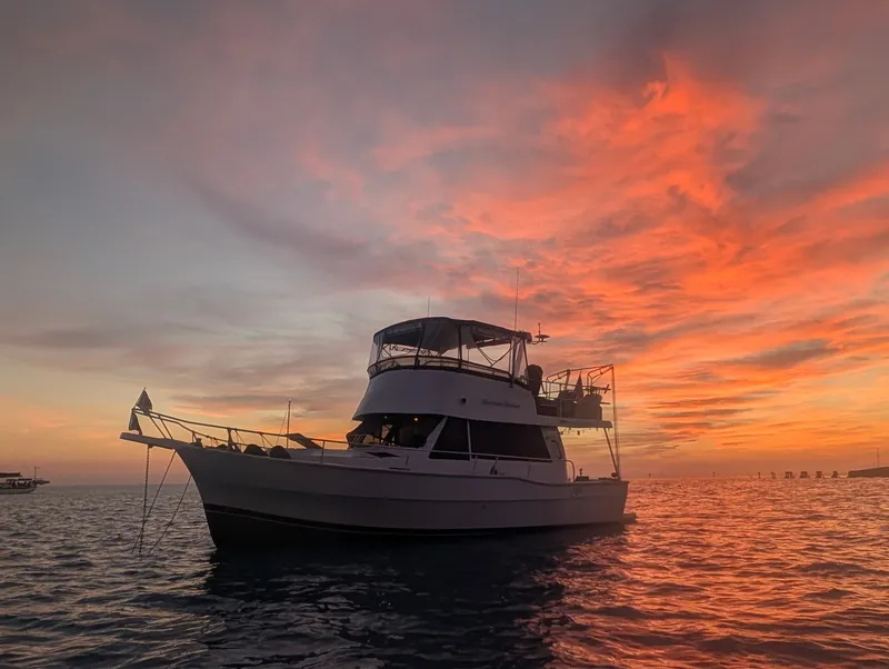 The Image of 2001 Mainship 390 Trawler at sunset on the water. - 0