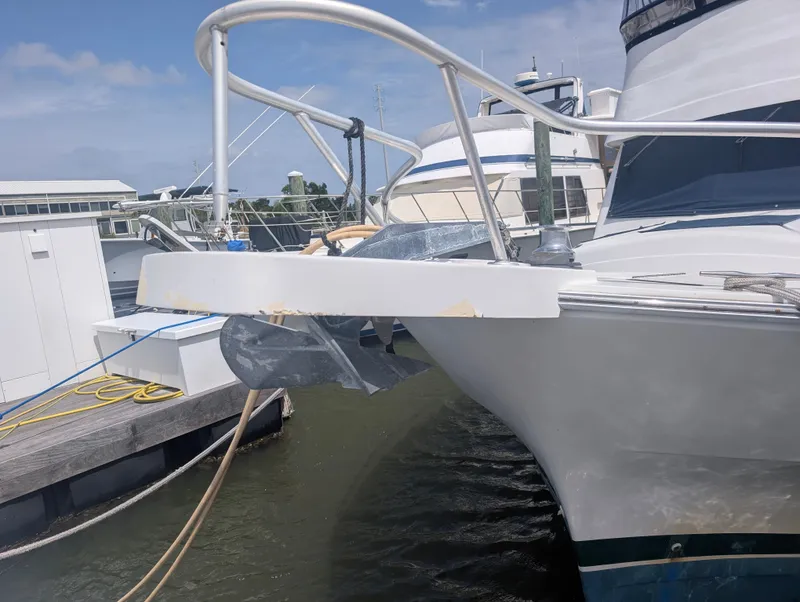 Slide: The Image of 2001 Mainship 390 Trawler docked with damaged bow. - 19