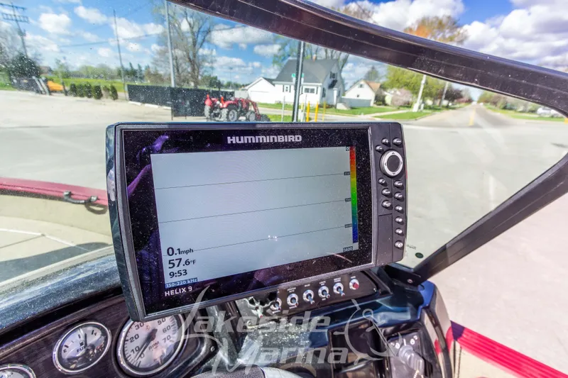 Slide: The Image of 2020 G3 Angler V19 FS boat dashboard with Humminbird fish finder display. - 17