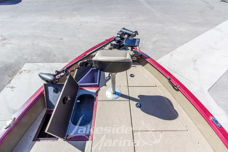 Slide: The Image of 2020 G3 Angler V19 FS boat deck with seat, storage compartments, and fishing equipment. - 24