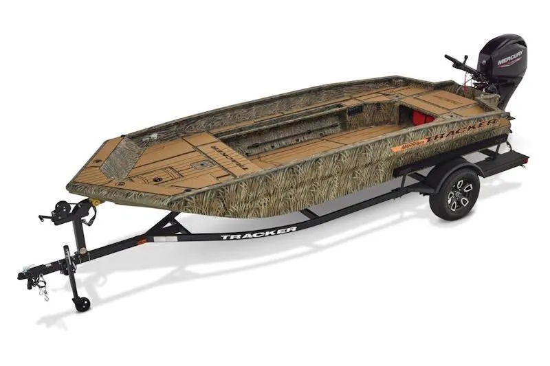 Slide: The Image of 2026 Tracker Grizzly 1756 T Marsh boat with camouflage design on trailer. - 9