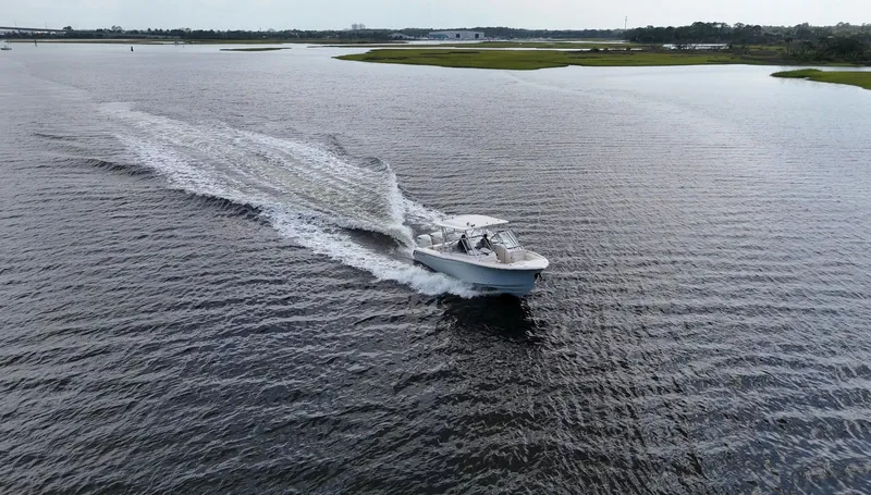Slide: The Image of A Grady-White Freedom 285 boat cruising on calm waters with green shores. - 2