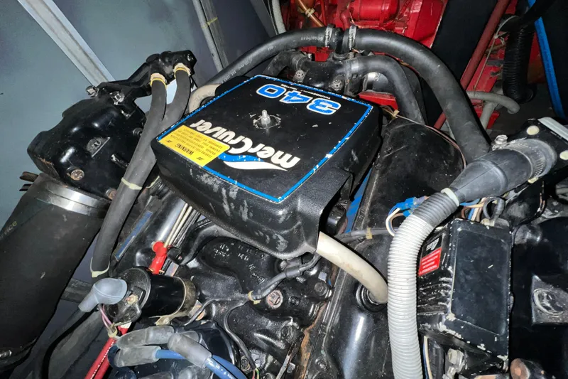 Slide: The Image of Engine compartment of a 1987 Sea Ray 410 Aft Cabin with MerCruiser 340 engine. - 3