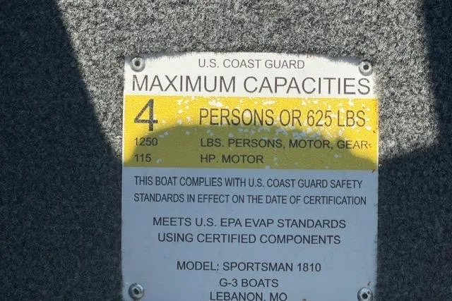 Slide: The Image of U.S. Coast Guard capacity label for 2021 G3 Sportsman 1810, 4 persons or 625 lbs. - 6