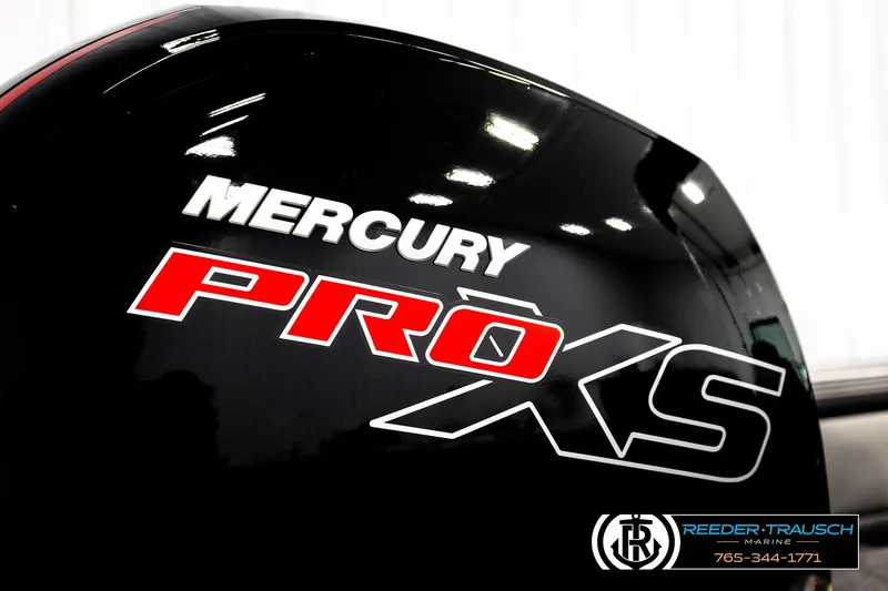 Slide: The Image of Mercury Pro XS engine on 2026 Lund 1875 Tyee boat, Reeder-Trausch Marine branding. - 47