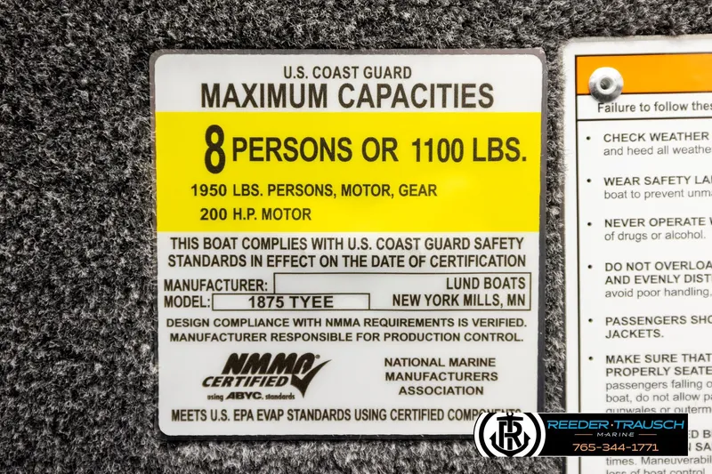 Slide: The Image of Capacity label for 2026 Lund 1875 Tyee boat, max 8 persons or 1100 lbs. - 58
