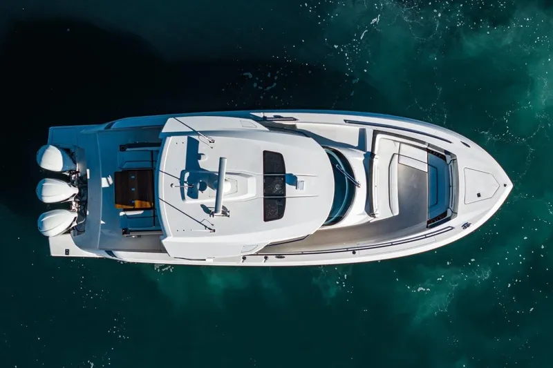 Slide: The Image of Aerial view of a 2019 Tiara Yachts 38 LS on water. - 5