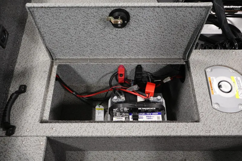 Slide: The Image of Battery compartment of 2025 Crestliner 1950 Fish Hawk WT boat, showing wiring and connections. - 35