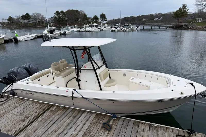 The Image of 2014 Cobia 256 Center Console boat docked at a marina, featuring dual engines. - 0