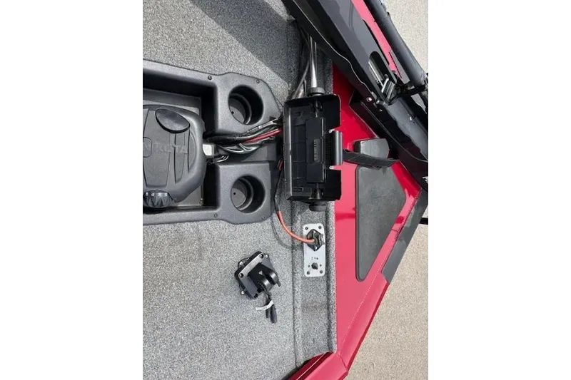 Slide: The Image of 2023 Tracker Pro Team 195 TXW Tournament Edition boat interior with wiring and components. - 13