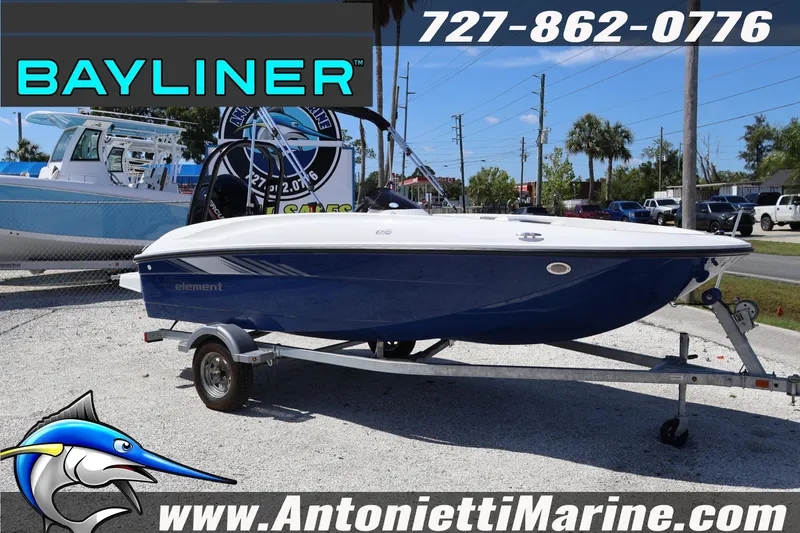 The Image of 2026 Bayliner Element E16 boat on trailer at Antonietti Marine dealership. - 1