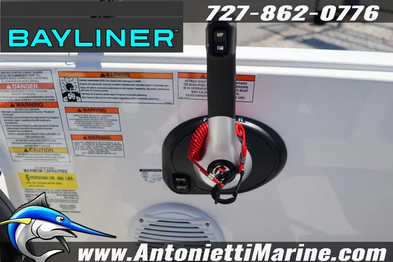 Slide: The Image of 2026 Bayliner Element E16 boat control panel with safety warnings and contact information. - 13