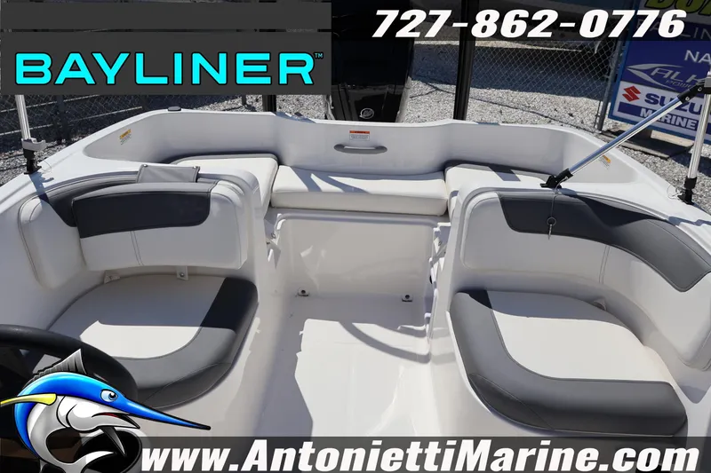 Slide: The Image of 2026 Bayliner Element E16 boat interior with seating, displayed at Antonietti Marine. - 16