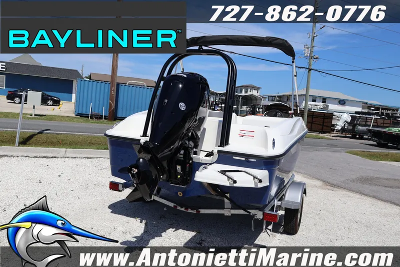 Slide: The Image of 2026 Bayliner Element E16 boat on trailer at Antonietti Marine dealership. - 3