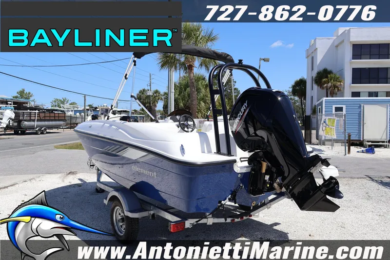 Slide: The Image of 2026 Bayliner Element E16 boat with Mercury engine on trailer at Antonietti Marine. - 4