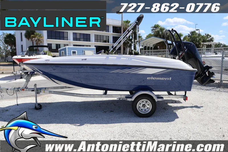 Slide: The Image of 2026 Bayliner Element E16 boat on trailer at Antonietti Marine dealership. - 5