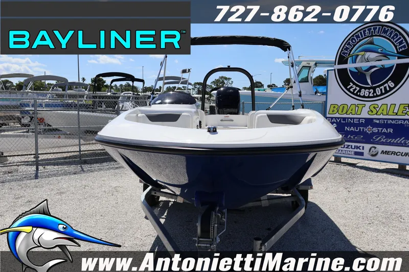 Slide: The Image of 2026 Bayliner Element E16 boat displayed at Antonietti Marine dealership. - 6