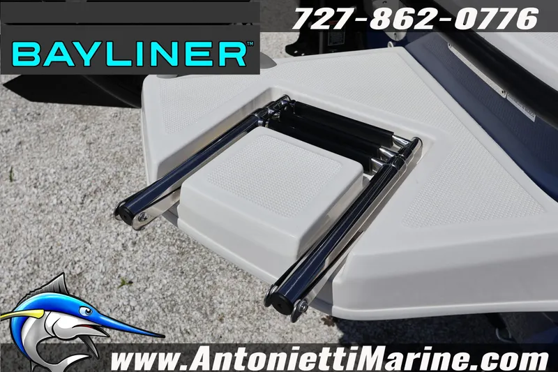 Slide: The Image of Bayliner Element E16 2026 boat ladder detail with contact information and logo. - 8