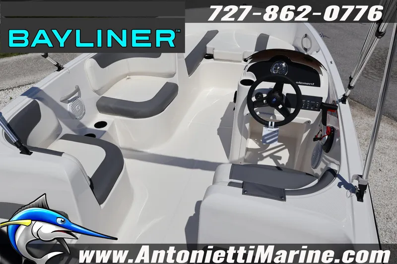 Slide: The Image of 2026 Bayliner Element E16 boat interior with seating and steering console, featuring Antonietti Marine branding. - 9