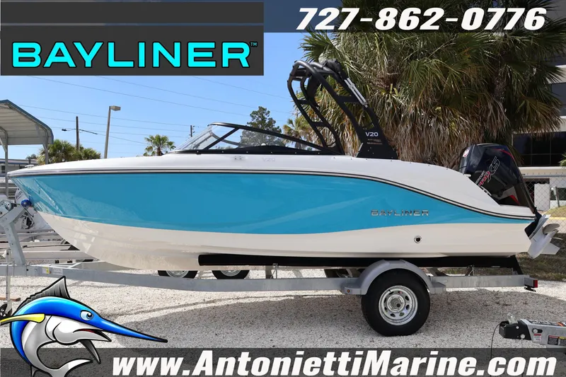 The Image of 2026 Bayliner V20 boat on trailer at Antonietti Marine dealership. - 1
