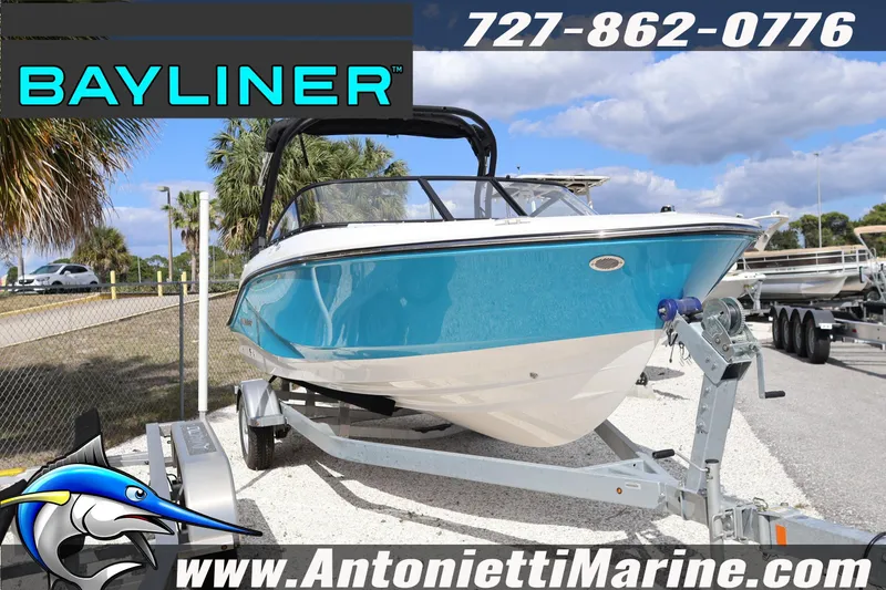 Slide: The Image of 2026 Bayliner V20 boat on trailer at Antonietti Marine dealership. - 3
