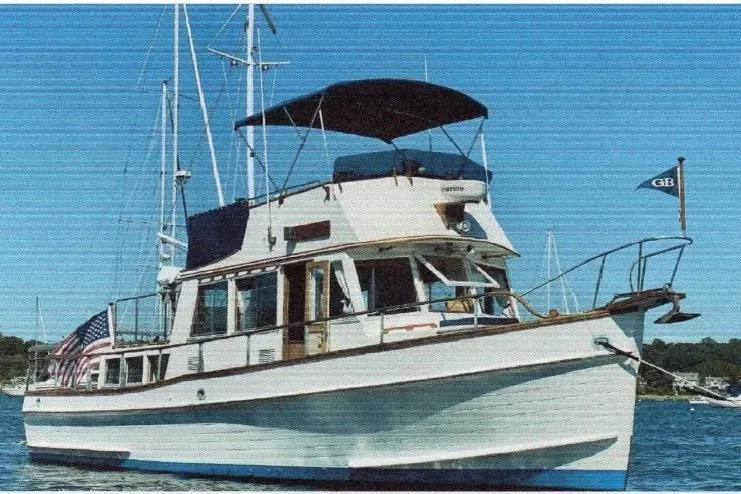 Slide: The Image of 1983 Grand Banks 36 Classic yacht on water, featuring elegant design and American flag. - 1
