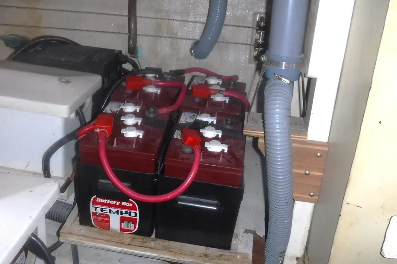 Slide: The Image of Battery compartment of 1983 Grand Banks 36 Classic with Tempo battery box and wiring. - 51