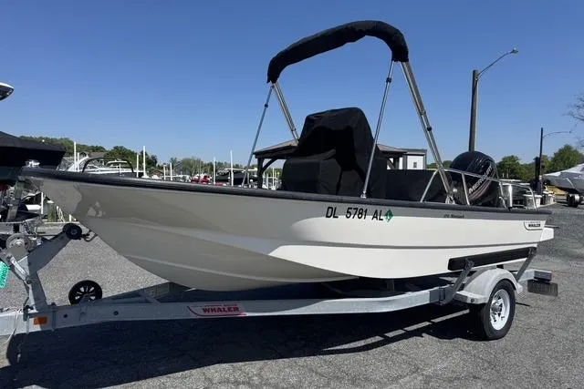 The Image of 2017 Boston Whaler 170 Montauk boat on trailer, parked outdoors under clear blue sky. - 0