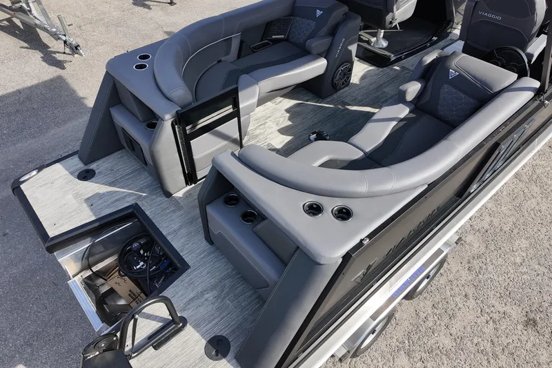 Slide: The Image of Luxurious 2026 Viaggio Diamante D24U boat interior with sleek gray seating and modern design. - 3
