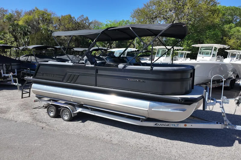 The Image of 2026 Viaggio Diamante 22UW pontoon boat on trailer, parked outdoors. - 1