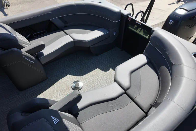 Slide: The Image of Luxurious seating in 2026 Viaggio Diamante 22UW pontoon boat interior. - 11