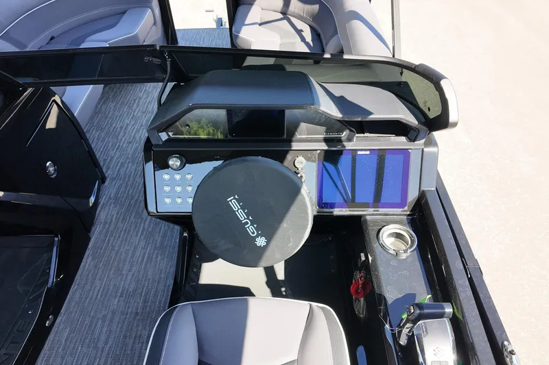Slide: The Image of Cockpit of 2026 Viaggio Diamante 22UW boat with modern controls and seating. - 7