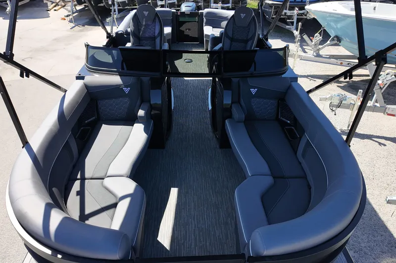 Slide: The Image of 2026 Viaggio Diamante 22UW pontoon boat with luxurious gray seating and modern design. - 9