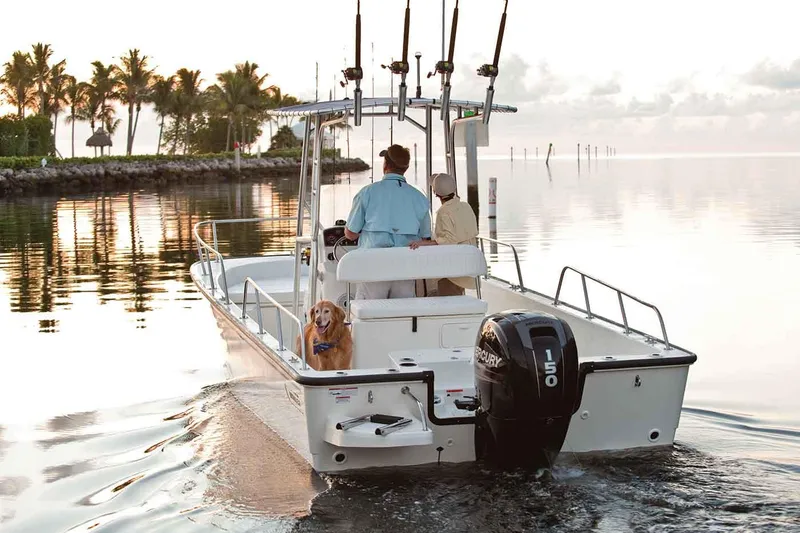 Slide: The Image of Manufacturer Provided Image: 2018 Boston Whaler 210 Montauk boat cruising with two people and a dog. - 18