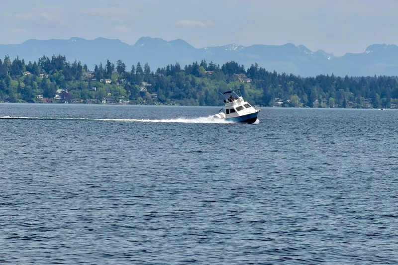 Slide: The Image of 1970 Bertram boat cruising on a scenic lake with forested hills in the background. - 25