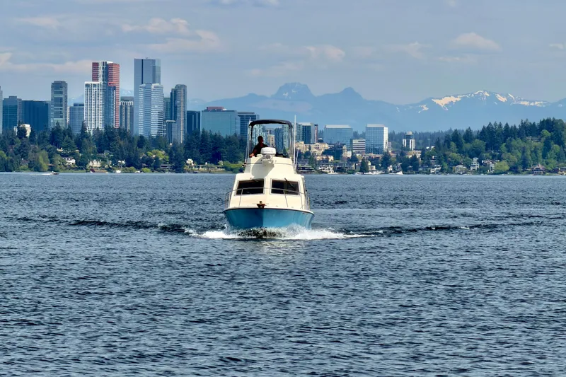 Slide: The Image of 1970 Bertram boat cruising on water with city skyline and mountains in background. - 4
