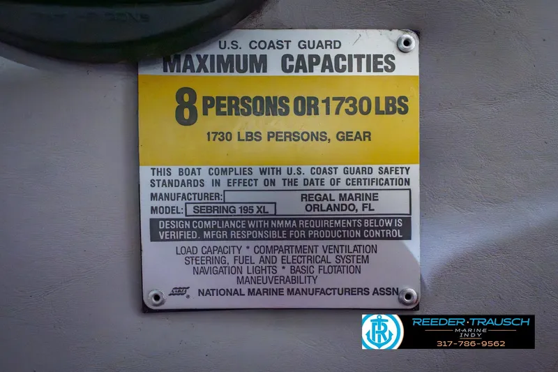 Slide: The Image of U.S. Coast Guard capacity label for Regal Sebring 195, 1986, 8 persons or 1730 lbs. - 57