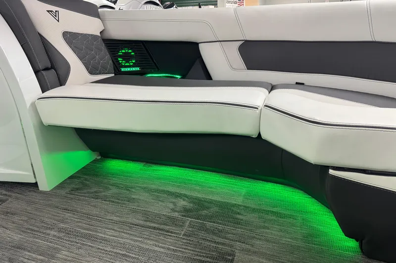 Slide: The Image of Luxurious Viaggio Diamante 22UW boat interior with stylish seating and ambient green lighting, 2026 model. - 4