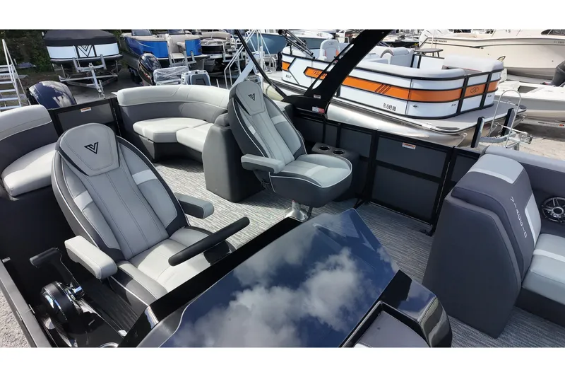 Slide: The Image of 2026 Viaggio Lago X22U pontoon boat interior with luxurious seating and modern design. - 10