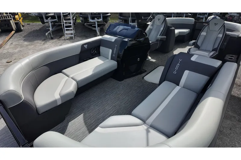 Slide: The Image of 2026 Viaggio Lago X22U boat interior with luxurious gray seating and modern design. - 11
