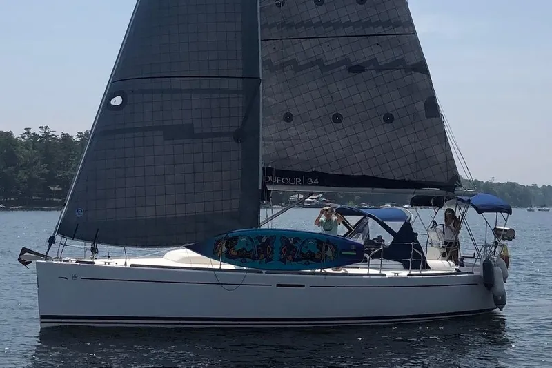 The Image of 2004 Dufour 34 Performance sailboat on calm water, featuring sleek design and modern sails. - 0