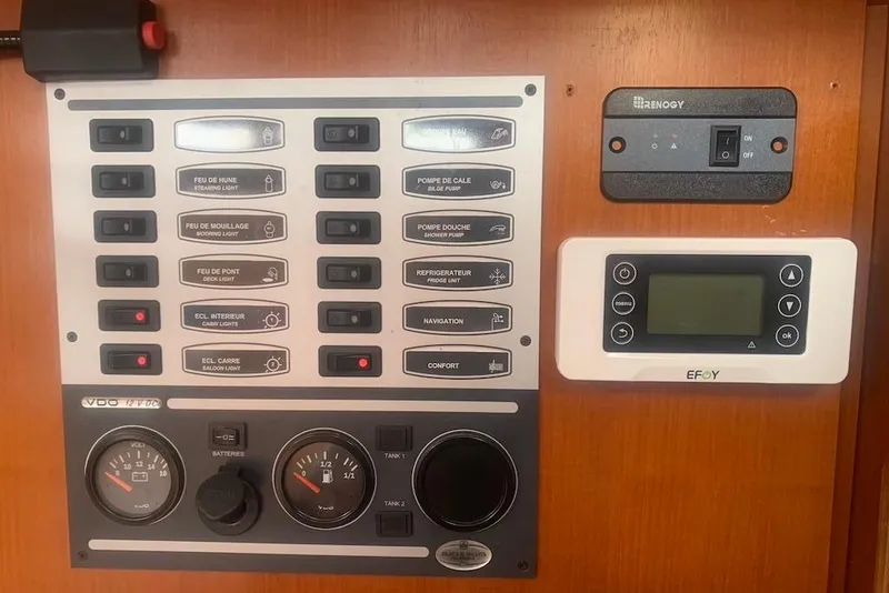 Slide: The Image of Control panel of a 2004 Dufour 34 Performance yacht with switches and gauges. - 23