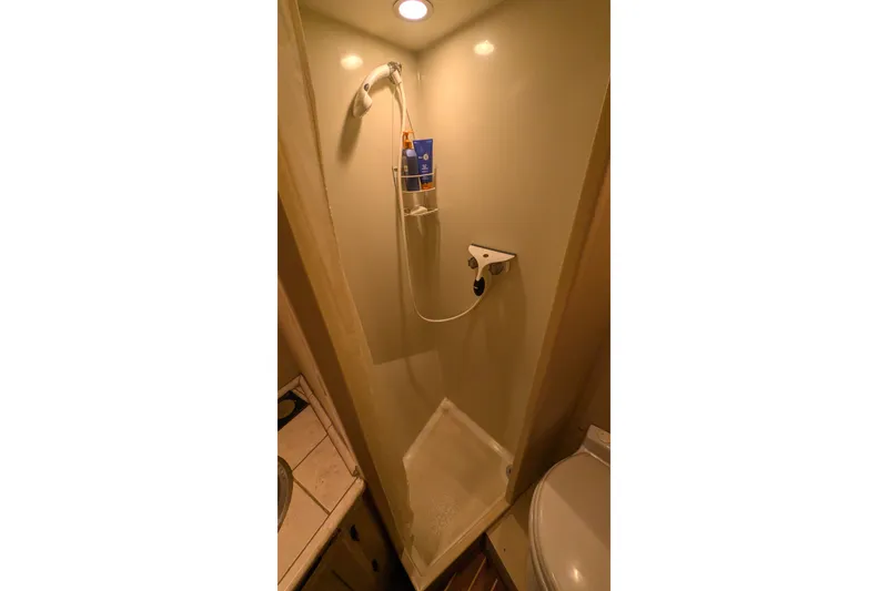 Slide: The Image of Compact shower area in a 1975 Tollycraft 37 Sedan boat bathroom. - 49