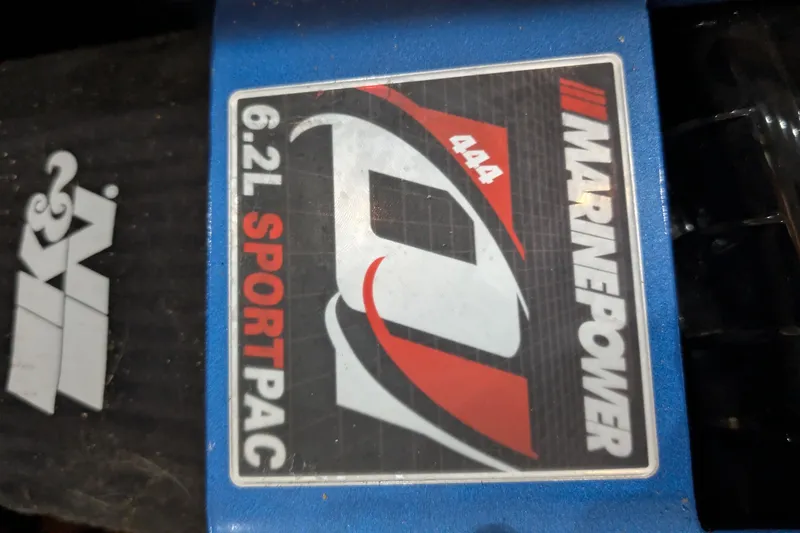 Slide: The Image of MarinePower 6.2L SportPac engine label on 1975 Tollycraft 37 Sedan. - 50