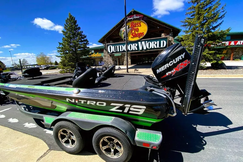 Slide: The Image of 2017 Nitro Z19 boat with Mercury engine outside Bass Pro Shops Outdoor World. - 1