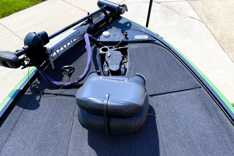 Slide: The Image of 2017 Nitro Z19 boat deck with trolling motor and seat, showcasing fishing setup. - 5