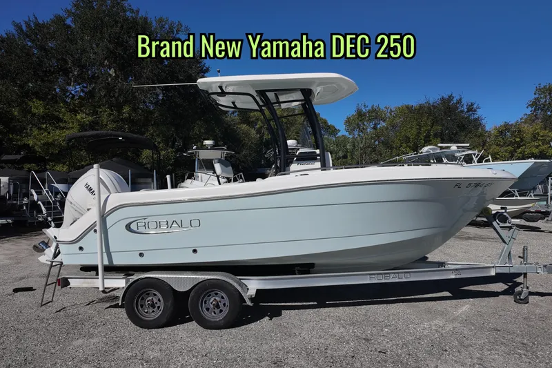 The Image of 2021 Robalo R222 Center Console boat with Yamaha DEC 250 engine on trailer. - 0
