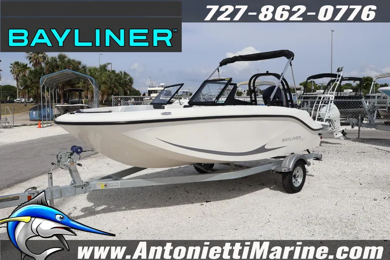 The Image of 2026 Bayliner Element M17 boat on trailer at Antonietti Marine dealership. - 1