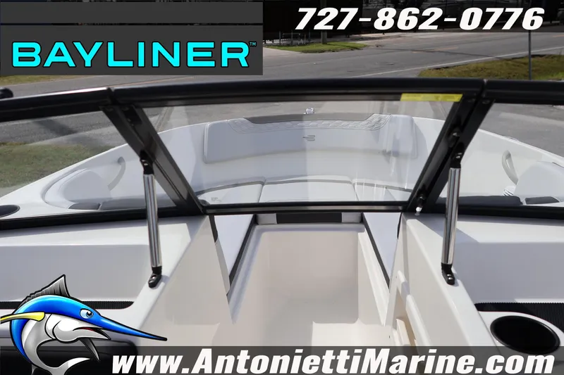 Slide: The Image of 2026 Bayliner Element M17 boat interior with open windshield, showcased by Antonietti Marine. - 12